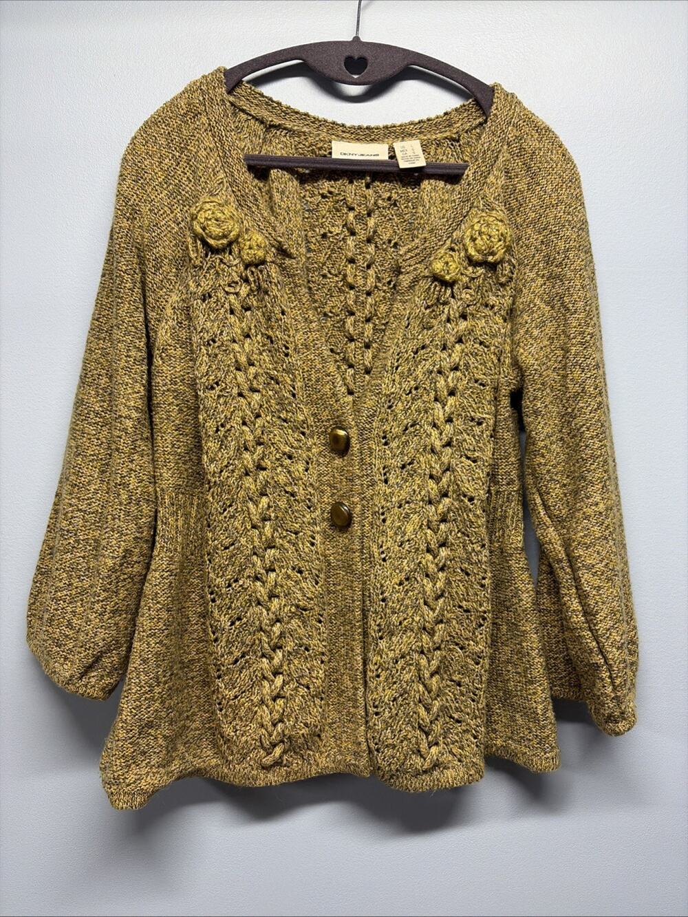 DKNY Green/Yellow/Metallic Cable-knit 2 Button Cardigan - Size Large - Flower - Picture 1 of 8